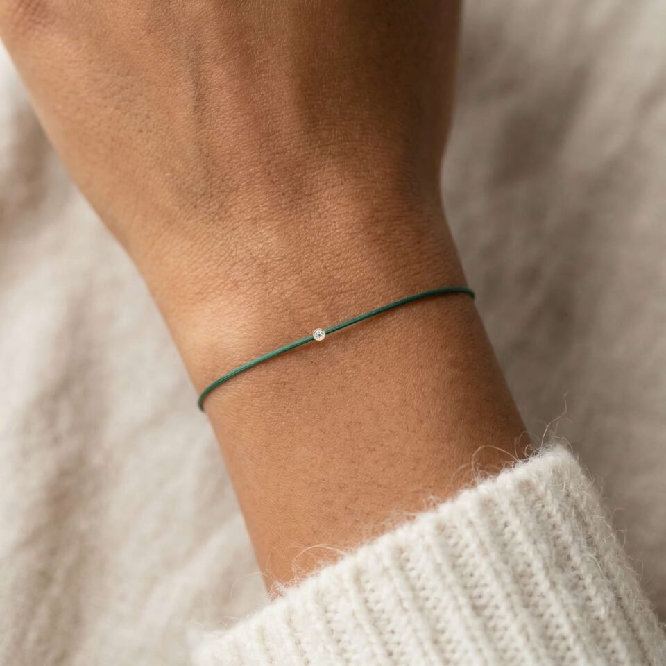 Браслет из зеленой нити с бриллиантом